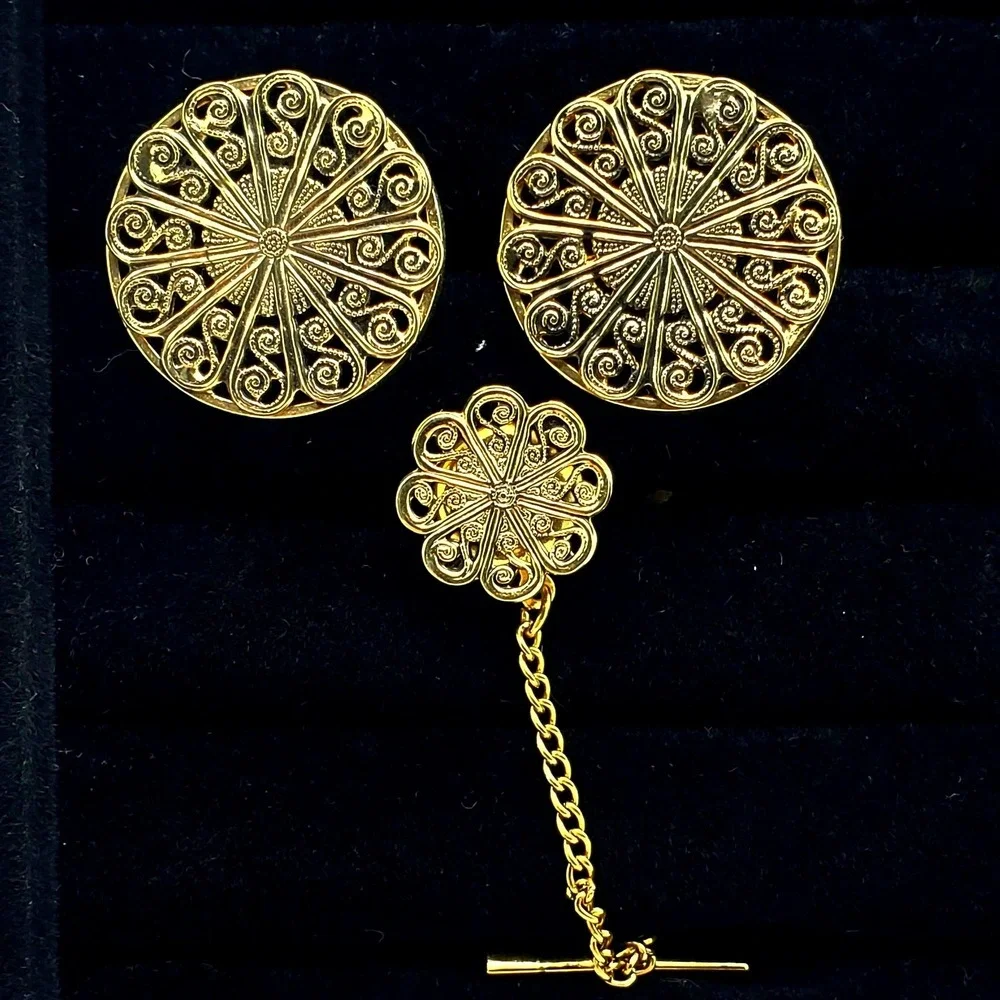 Destino Filigree Cufflinks & Tie Tac Gold‎ Tone Pin Tack Round Open Work Vintage